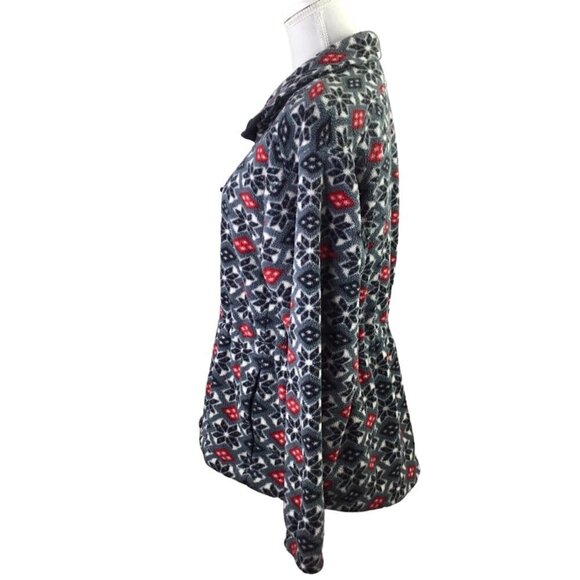 L.L. Bean Fleece Jacket Coat Full Zip Snowflake Adj Waist Pockets Black Red - Picture 4 of 9